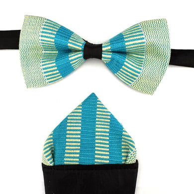 Kente Bow Tie and Pocket Square Set - Aqua Blue Pinstripe