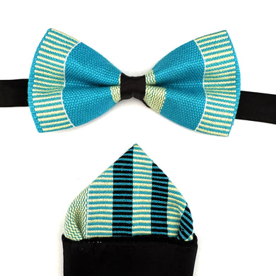 Kente Bow Tie and Pocket Square Set - Aqua Blue Pinstripe