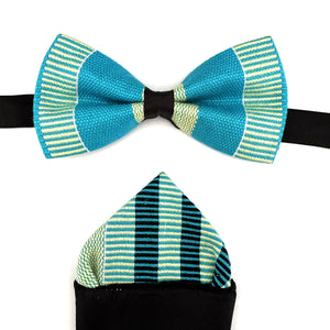 Kente Bow Tie and Pocket Square Set - Aqua Blue Pinstripe