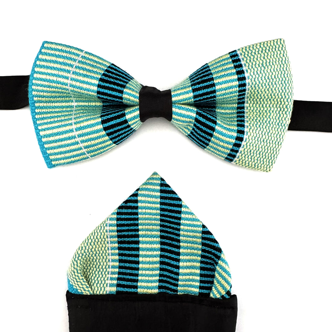 Kente Bow Tie and Pocket Square Set - Aqua Blue Pinstripe
