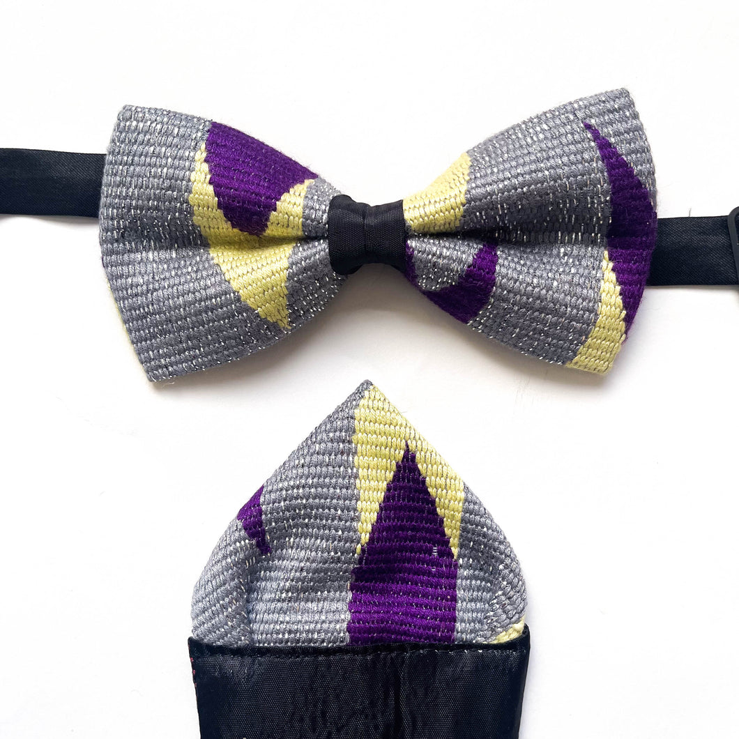 Kente Bow Tie Set - Silver Thread and Purple