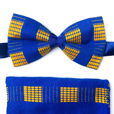 Kente Bow Tie and Handkerchief Set - Royal Blue & Yellow