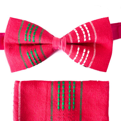Kente Bow Tie and Handkerchief Set - Pink & Green