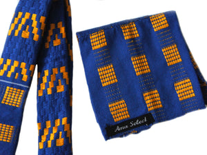 Kente Skinny Tie and Handkerchief Set - Royal Blue & Yellow - Bow Tie Set - Ama Select