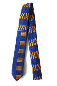 Kente Skinny Tie and Handkerchief Set - Royal Blue & Yellow - Bow Tie Set - Ama Select
