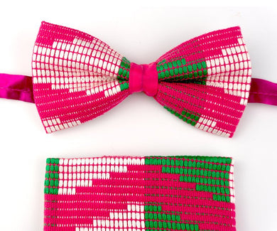 Kente Bow Tie and Handkerchief Set - Pink & Mint - Bow Tie Set - Ama Select