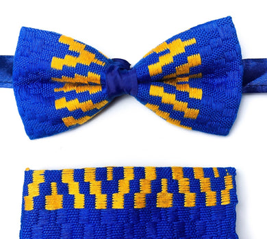 Kente Bow Tie and Handkerchief Set - Royal Blue & Yellow