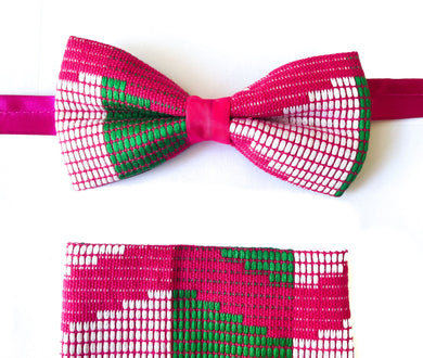 Kente Bow Tie and Handkerchief Set - Pink & Mint
